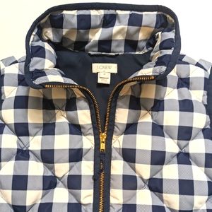 JCREW, Buffalo Check, Puffer Vest. Navy, Size Medium.